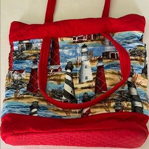Vibrant Red Lighthouse-Themed Tote Bag